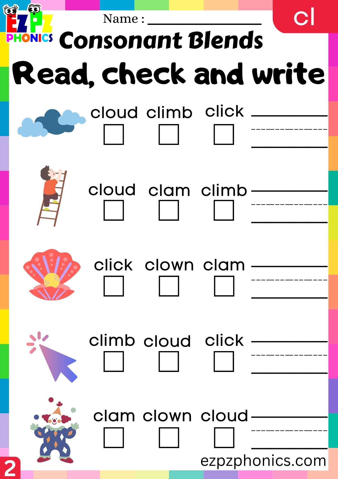 Group2 Cl Words Read Check And Write Phonics Consonant Blends